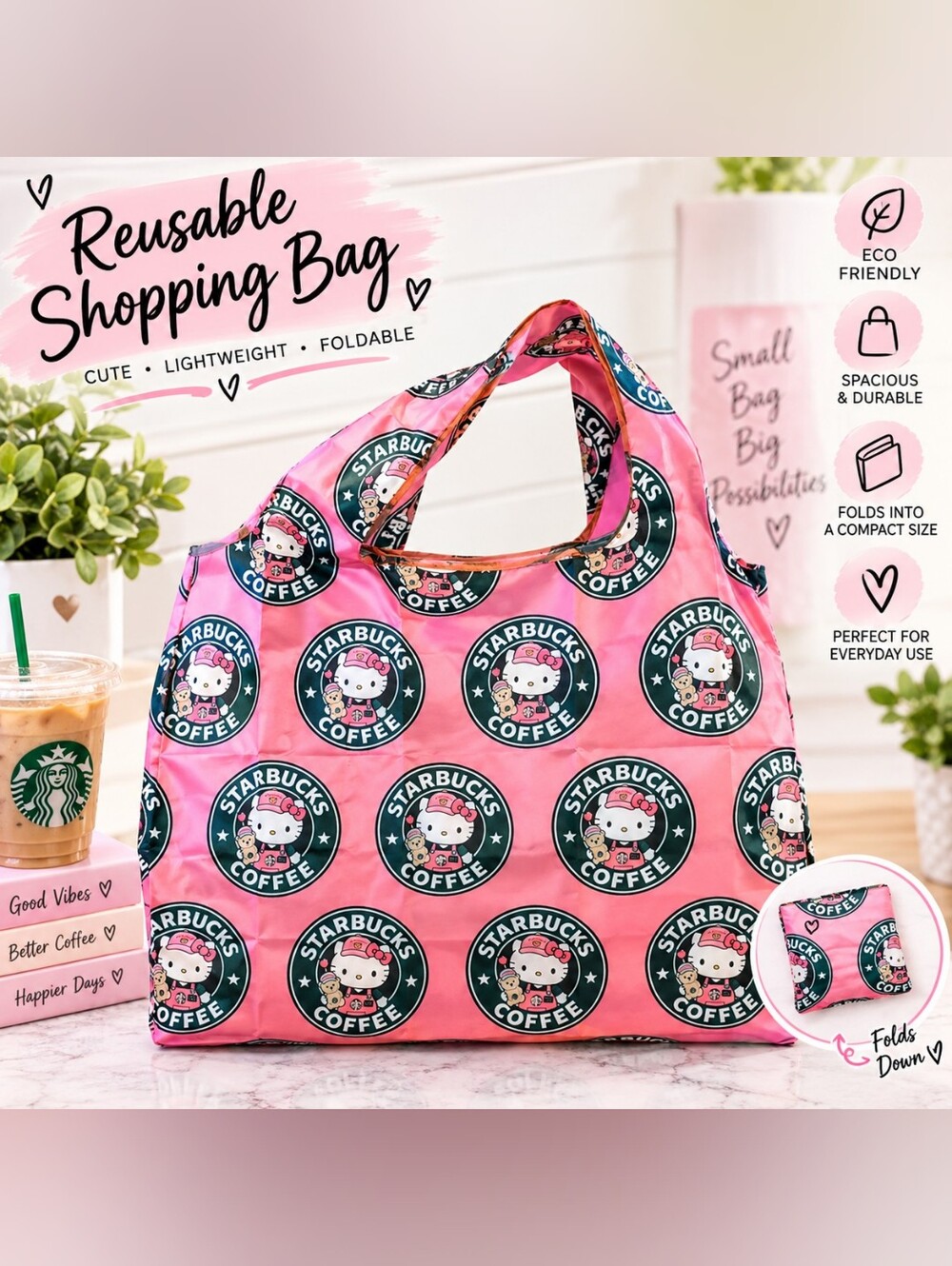 Pink Reusable Shopping Bag with Logo Print